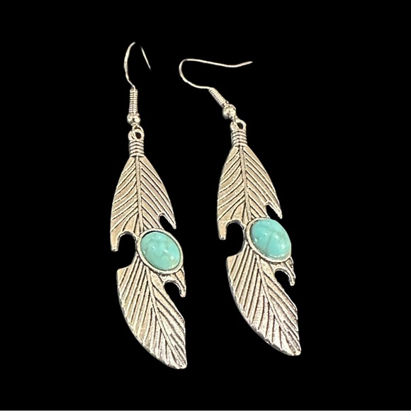 Feather-Shaped Silver Earrings With Turquoise Stone Accents - Picture 1 of 5